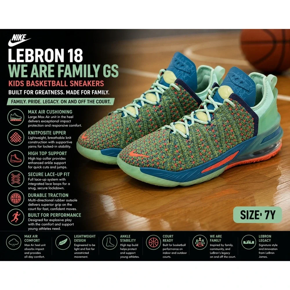 Nike LeBron 18 We Are Family GS Kids 7Y - Womens 8.5 Basketball Shoes CW2760-300